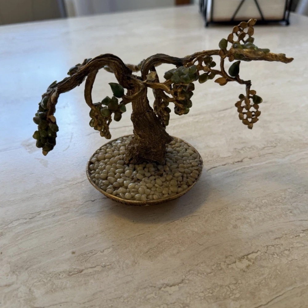Vintage Stone Bonsai Tree Sculpture Brass Base Asian Decor - Picture 2 of 3